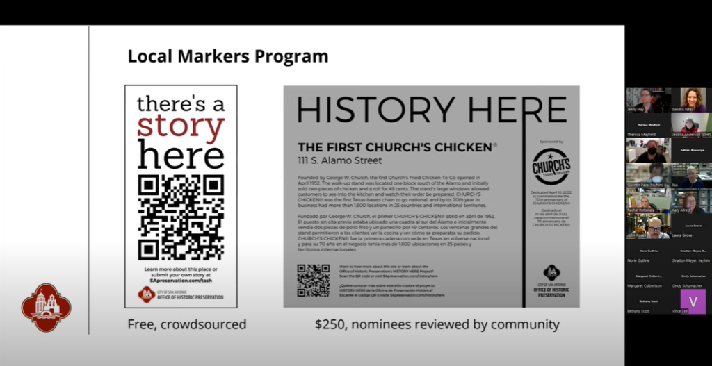 Screenshot from the AHA! Spring Meeting 2023-02-13, showing There's a Story Here program, City of San Antonio, Office of Historic Preservation.