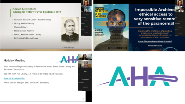 Collage of screenshots from the Summer Meeting of the Archivists of the Houston Area (AHA!) August 10, 2023