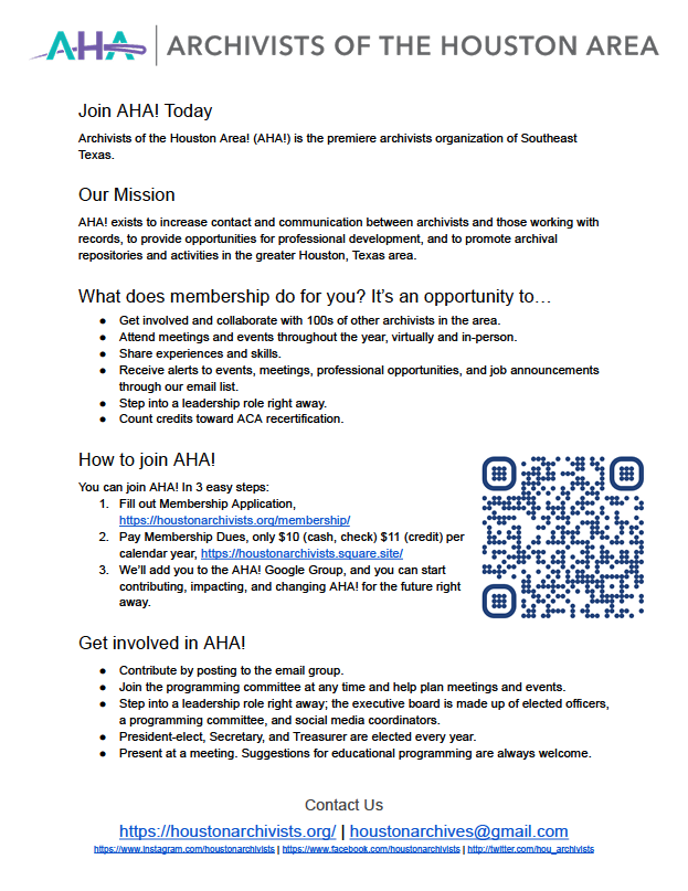Image of flyer Join Archivists of the Houston Area (AHA!). Includes our mission statement, what does membership do for you, how to join,  how to get involved in AHA!, and contact information.