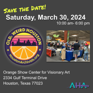 Save the date! Saturday, March 30, 2024, 10am-6pm. Old, Weird Houston at the Orange Show Center for Visionary Art. 2334 Gulf Terminal Drive. Houston, TX 77023.