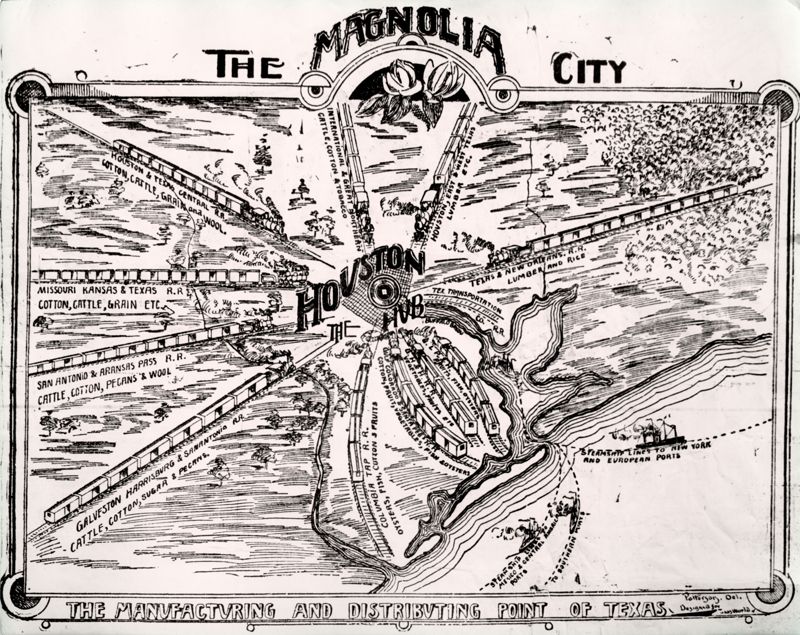 Map of Houston, The Magnolia City, May 21, 1898. A printed engraving from the "Texas World" newspaper depicting Houston as the hub of manufacturing and distributing for Texas. [University of Houston Libraries Digital Collections, https://id.lib.uh.edu/ark:/84475/do06149p703]