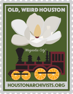 Exclusive Sticker for 2024. Old, Weird Houston. “Magnolia City” HoustonArchivists.org. The stickers features a magnolia flower, steam train engine with orange slices for wheels.