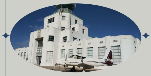 circular cropped image of the 1940 Air Terminal Museum in Houston, TX with vintage plane in front.